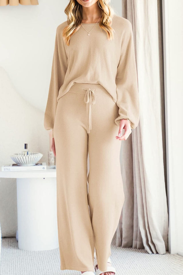 Round Neck Long Sleeve Top and Pants Set | Hanalas