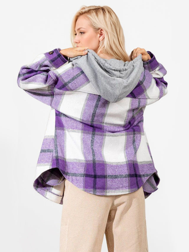 Drawstring Plaid Button Up Long Sleeve Outerwear Trendsi Hanalas