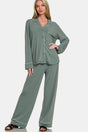 Zenana Button Down Long Sleeve Top and Pants Lounge Set | Hanalas