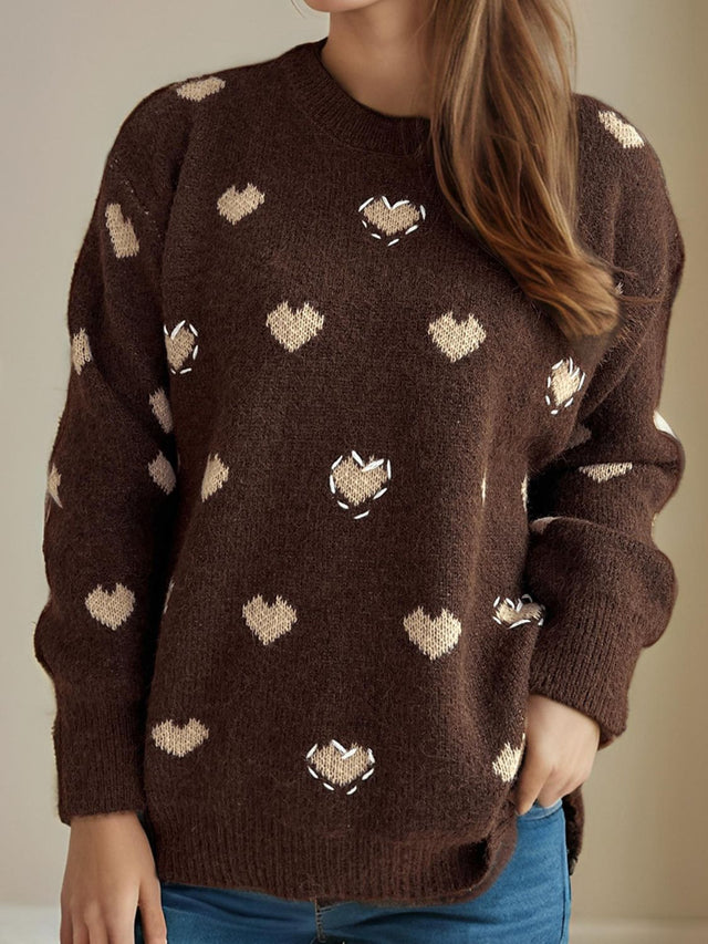 Heart Round Neck Long Sleeve Sweater Trendsi Hanalas