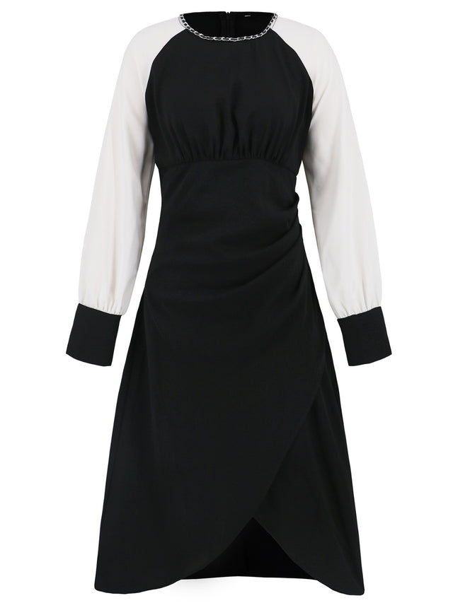 Ruched Contrast Long Sleeve Midi Dress