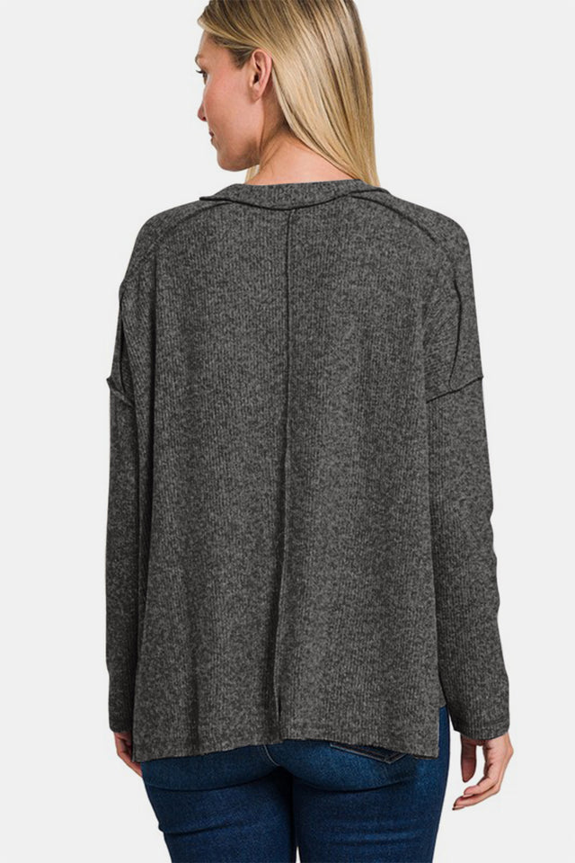 Zenana Full Size Exposed Seam Brushed Round Neck Sweater | Hanalas