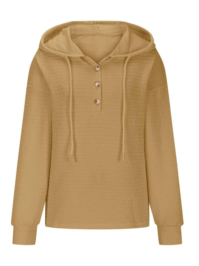 Drawstring Quarter Button Long Sleeve Hoodie | Hanalas