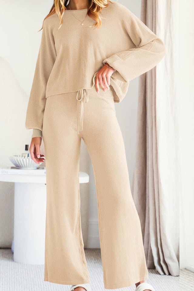 Round Neck Long Sleeve Top and Pants Set | Hanalas