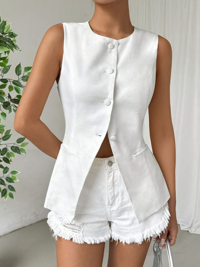 Button Down Round Neck Vest Trendsi Hanalas