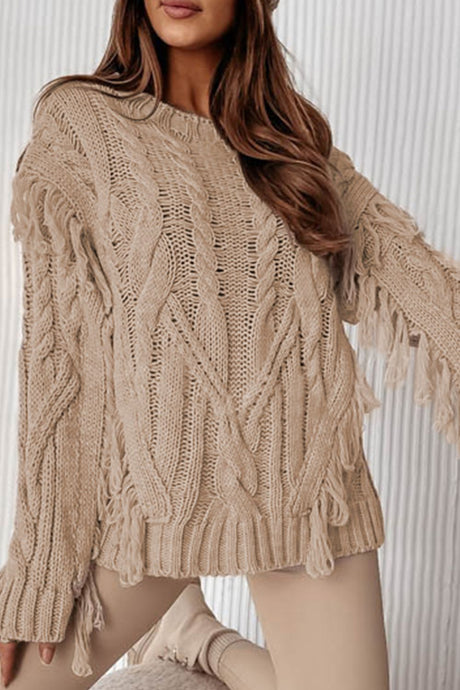 Cable Knit Fringe Round Neck Long Sleeve Sweater | Hanalas