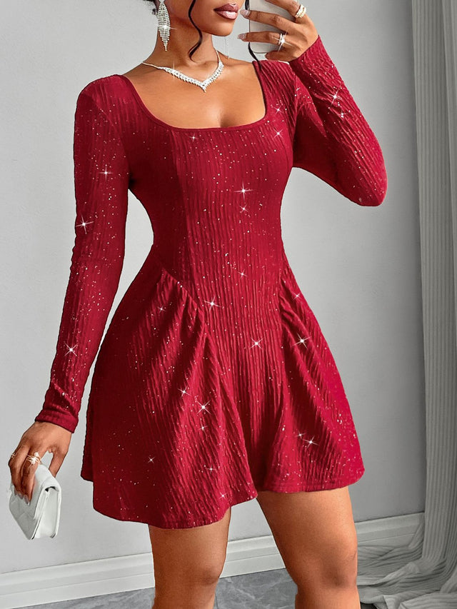 Backless Glitter Square Neck Long Sleeve Mini Dress | Hanalas