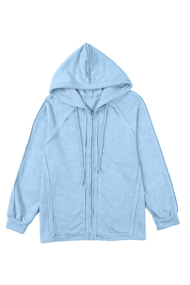 Exposed Seam Zip Up Long Sleeve Drawstring Hoodie | Hanalas