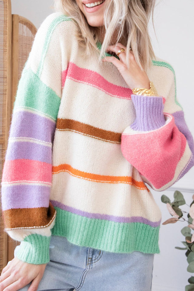 Contrast Striped Round Neck Drop Shoulder Sweater | Hanalas