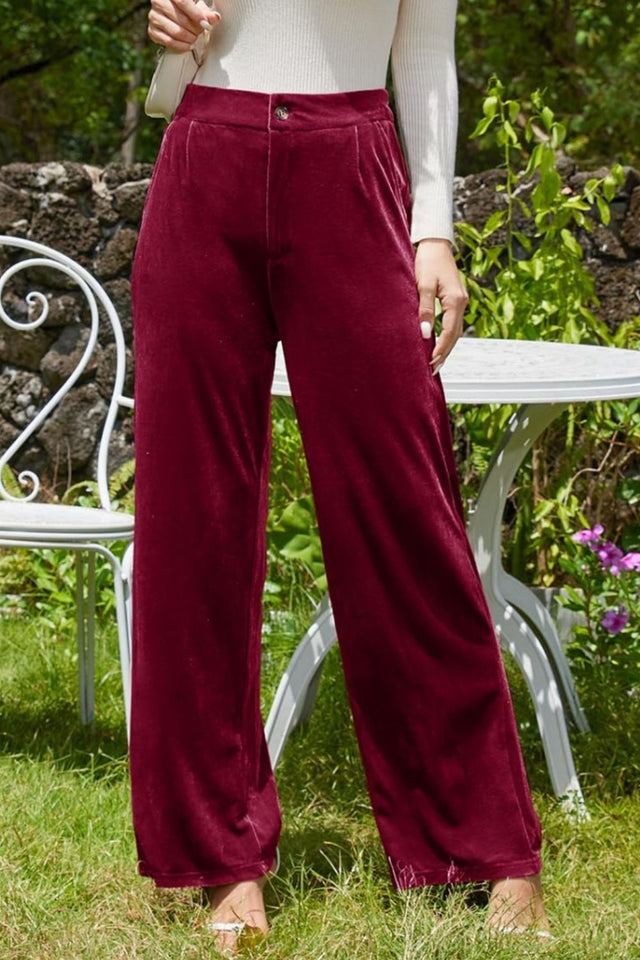 Velvet Wide Leg Pants with Pockets | Hanalas