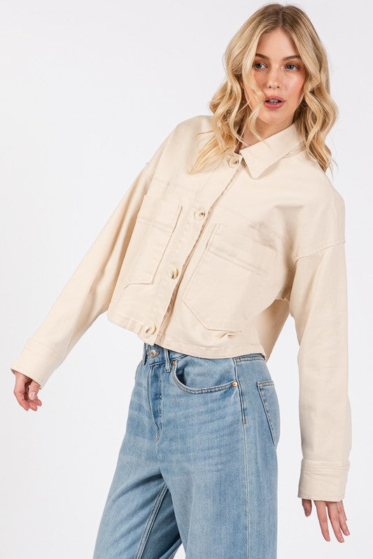 bytos Button Down Cropped Denim Jacket with Patch Pockets | Hanalas