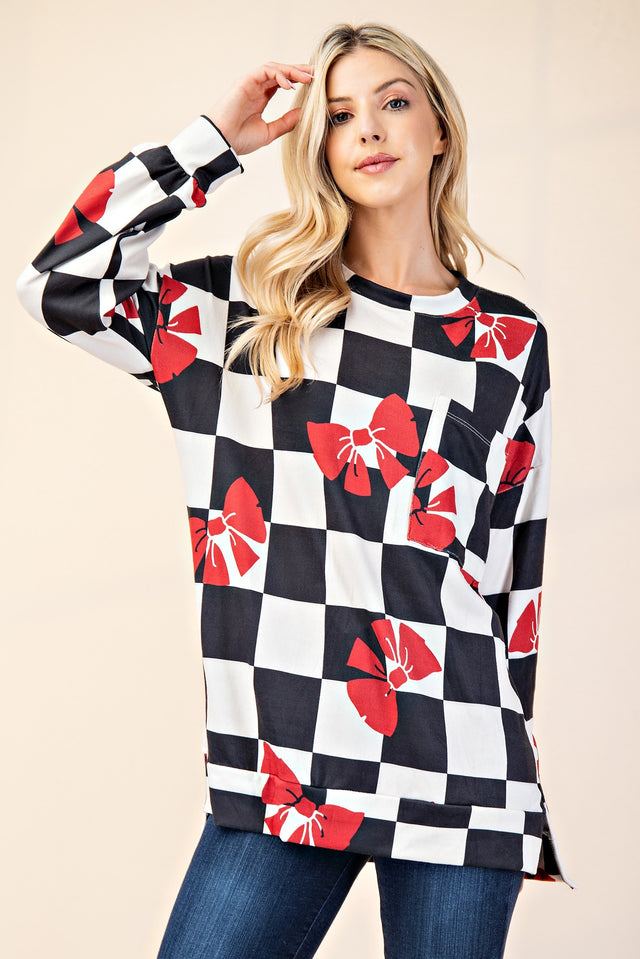 Celeste Full Size Checkered Bow Print Round Neck T-Shirt Trendsi Hanalas