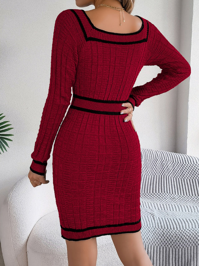 Contrast Trim Long Sleeve Sweater Dress | Hanalas