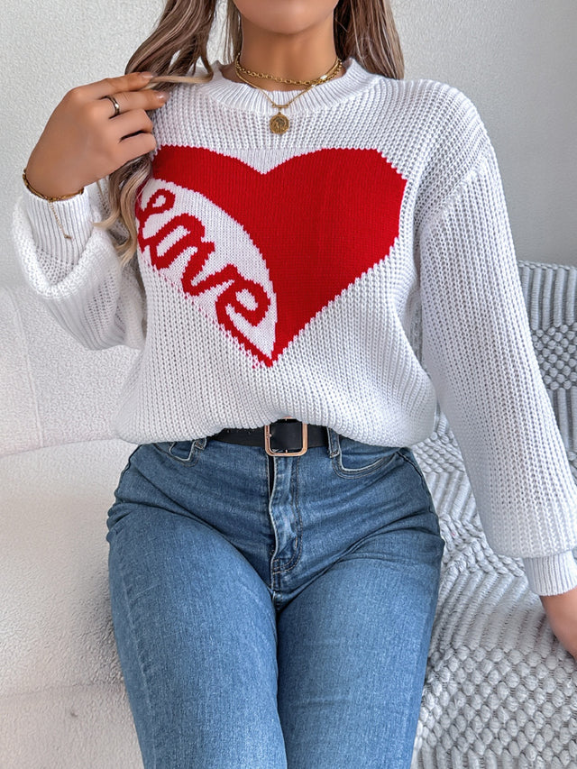 LOVE Heart Round Neck Dropped Shoulder Sweater | Hanalas