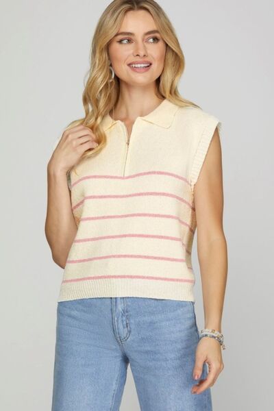 She + Sky Full Size Ribbed Hem Striped Half Zip Sweater Vest Plus Size | Hanalas