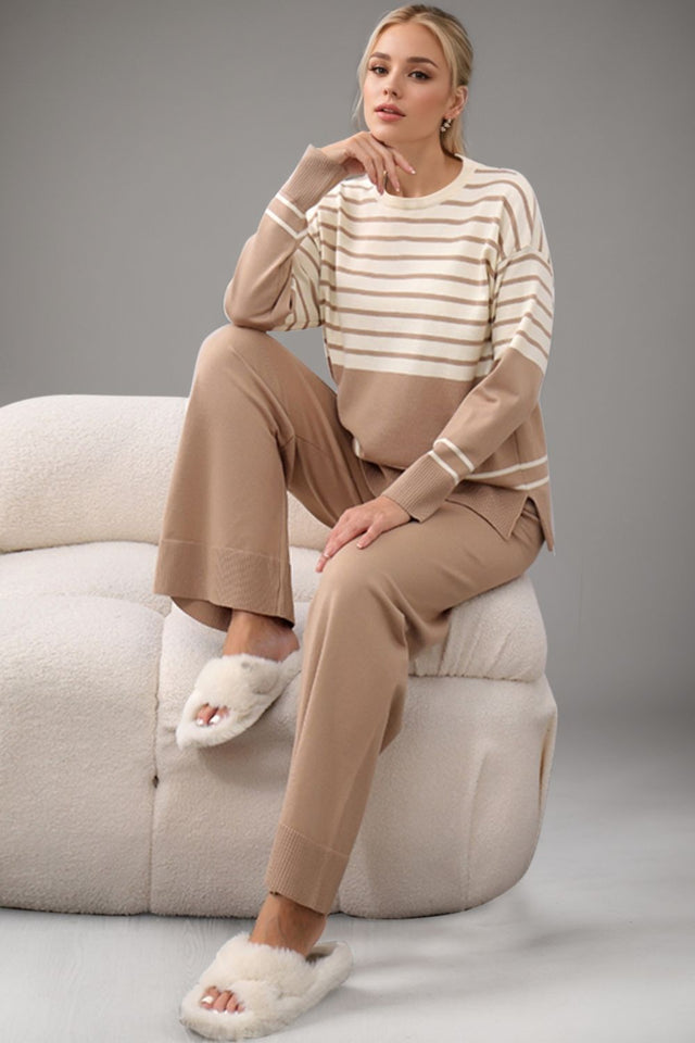 Basic Bae Striped Round Neck Long Sleeve Top and Pants Sweater Set Trendsi Hanalas