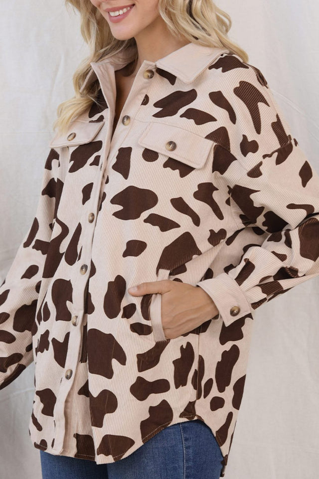 Cow Print Button Up Corduroy Shacket | Hanalas