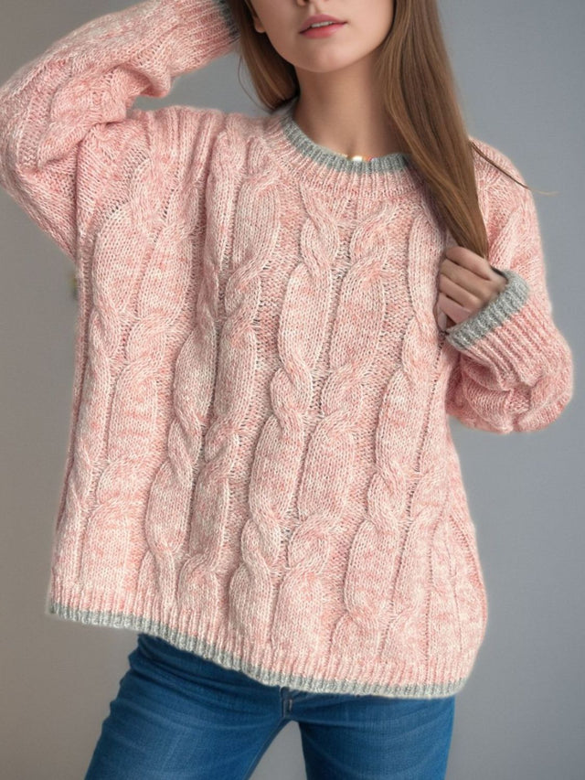 Cable Knit Round Neck Long Sleeve Sweater Trendsi Hanalas