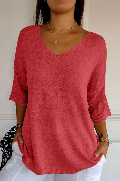 V-Neck Three-Quarter Sleeve Knit Top | Hanalas