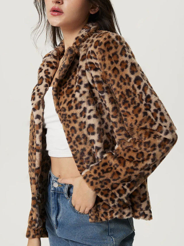 Fuzzy Leopard Collared Neck Jacket | Hanalas