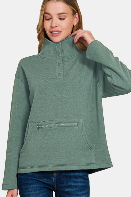 Zenana Turtleneck Half Snap Fleece Sweatshirt | Hanalas