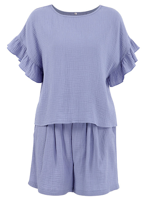 Ruffled Round Neck Top and Shorts Set | Hanalas