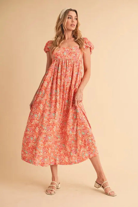 Aemi + Co Cutout Back Floral Square Neck Puff Sleeve Midi Dress | Hanalas
