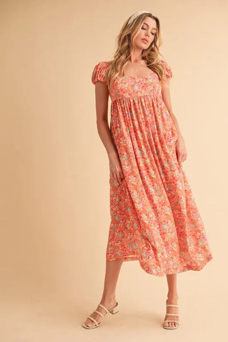 Aemi + Co Cutout Back Floral Square Neck Puff Sleeve Midi Dress | Hanalas