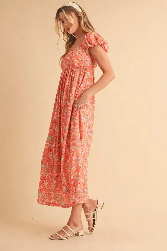 Aemi + Co Cutout Back Floral Square Neck Puff Sleeve Midi Dress | Hanalas