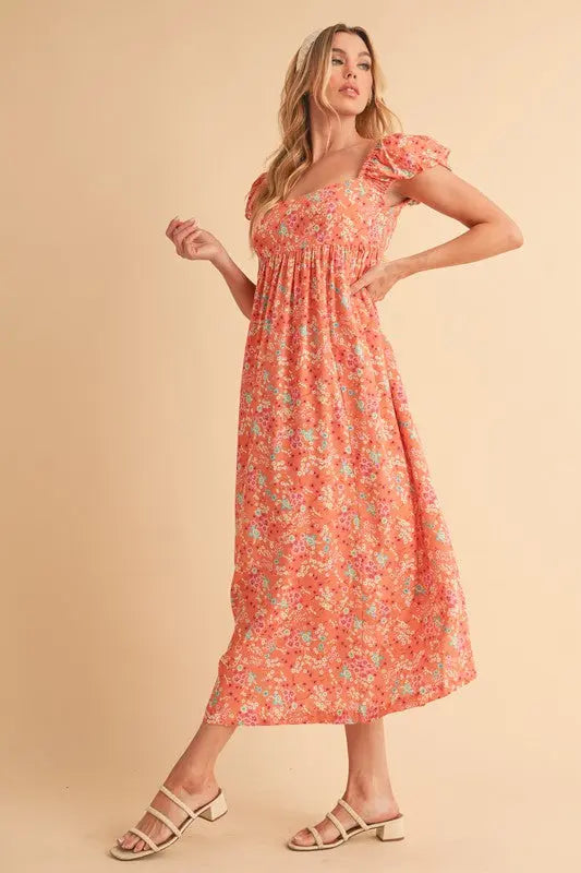 Aemi + Co Cutout Back Floral Square Neck Puff Sleeve Midi Dress | Hanalas