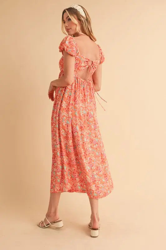 Aemi + Co Cutout Back Floral Square Neck Puff Sleeve Midi Dress | Hanalas