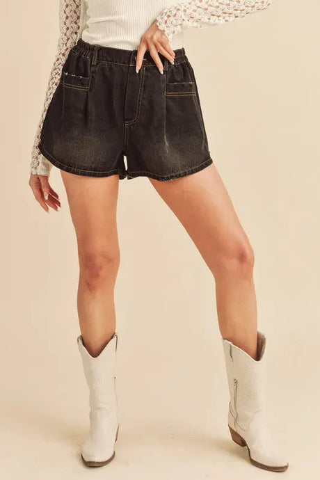 Aemi + Co Frayed Hem Elastic Waist Denim Shorts | Hanalas
