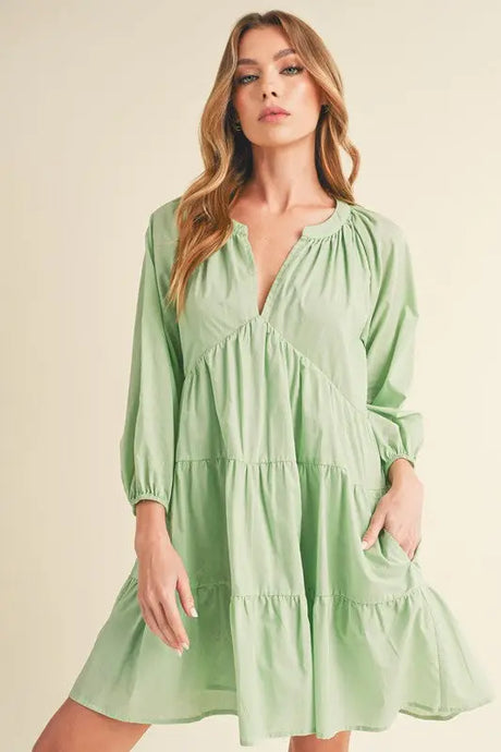 Aemi + Co Notched Balloon Sleeve Tiered Mini Dress | Hanalas