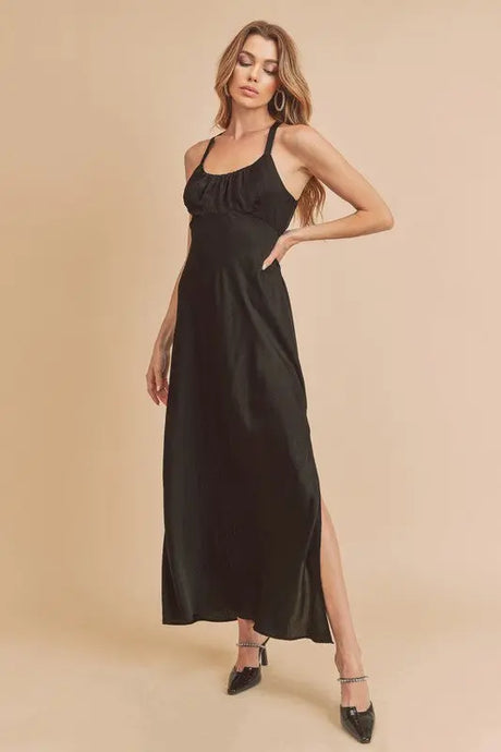 Aemi + Co Ruched Side Slit Cutout Back Maxi Cami Dress | Hanalas