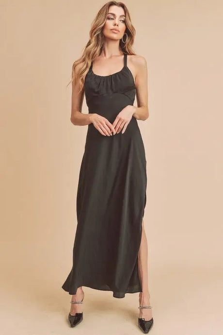 Aemi + Co Ruched Side Slit Cutout Back Maxi Cami Dress | Hanalas