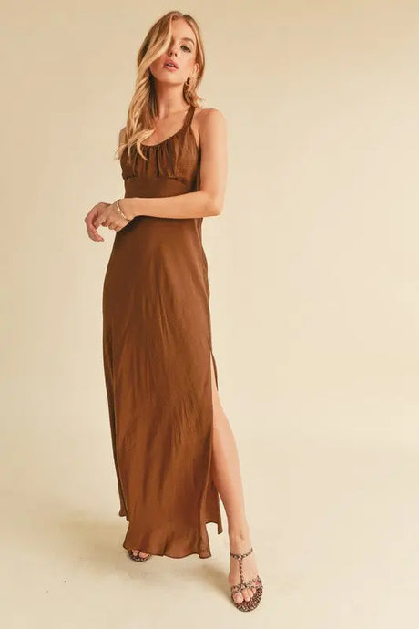 Aemi + Co Ruched Side Slit Cutout Back Maxi Cami Dress | Hanalas