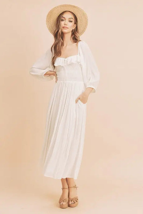 Aemi + Co Ruffled Smocked Square Neck Balloon Sleeve Dress | Hanalas