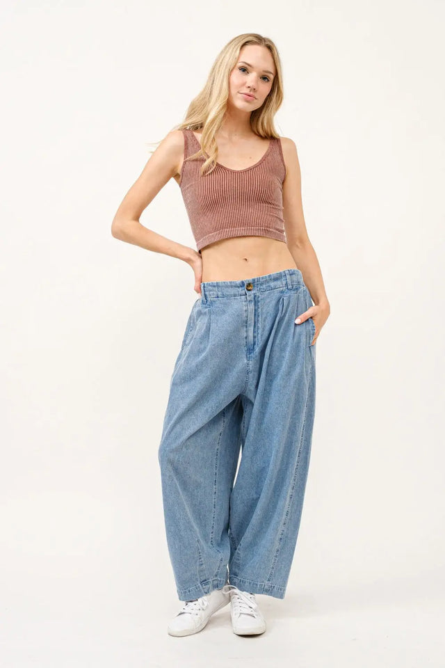 And The Why Elastic Back Pleated Baggy Jeans Trendsi Hanalas