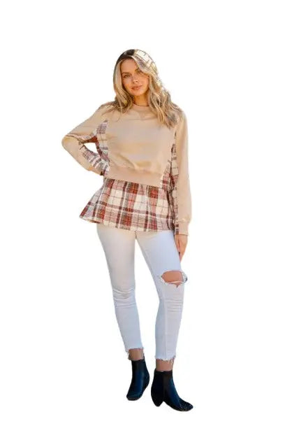 And The Why Full Size Double Layered Plaid Contrast Sweatshirt Trendsi Hanalas