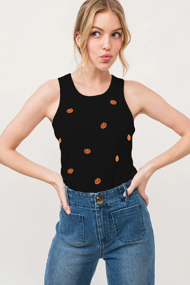 And The Why Jack O' Lantern Embroidered Ribbed Tank Trendsi Hanalas