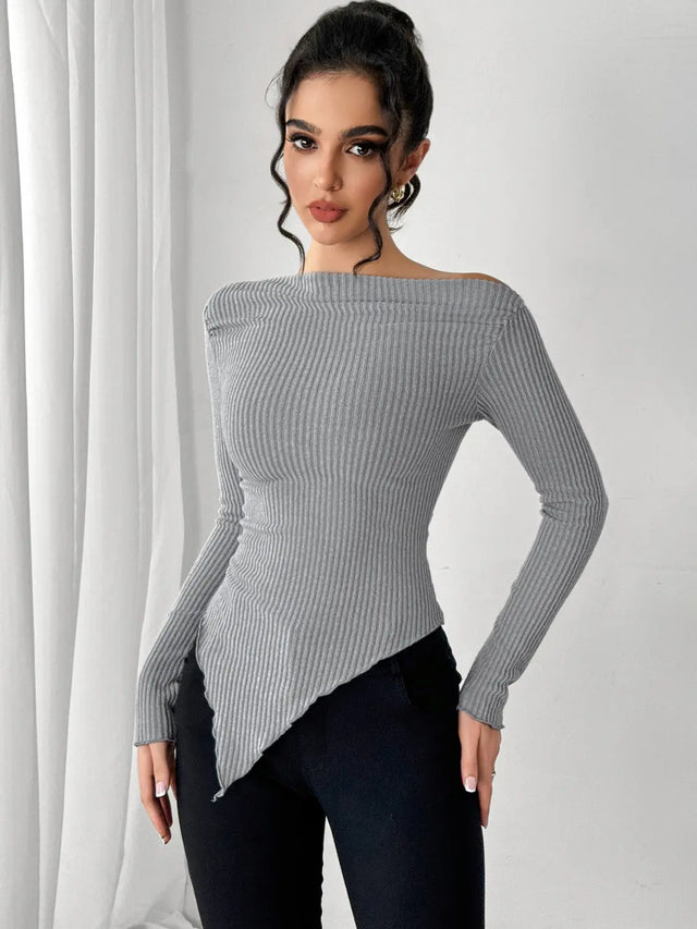 Asymmetric Hem Long Sleeve T-Shirt Trendsi Hanalas