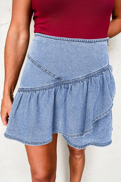Asymmetric Ruffle Overlay Denim Mini Skirt | Hanalas