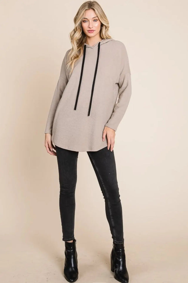 BOMBOM Contrast Drawstring Drop Shoulder Knit Hoodie Trendsi Hanalas