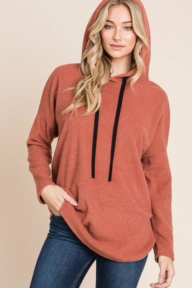 BOMBOM Contrast Drawstring Drop Shoulder Knit Hoodie Trendsi Hanalas