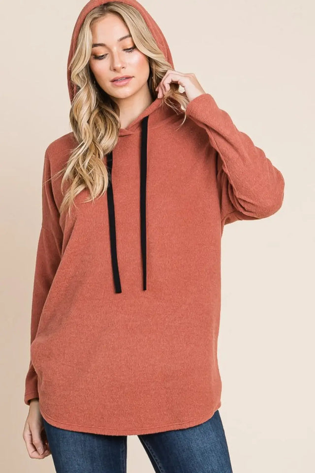 BOMBOM Contrast Drawstring Drop Shoulder Knit Hoodie Trendsi Hanalas