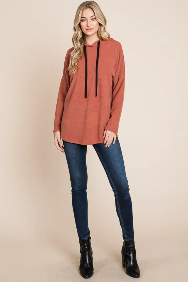 BOMBOM Contrast Drawstring Drop Shoulder Knit Hoodie Trendsi Hanalas