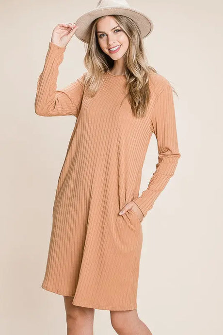 BOMBOM Round Neck Long Sleeve Ribbed Knit Dress | Hanalas