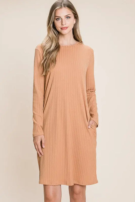 BOMBOM Round Neck Long Sleeve Ribbed Knit Dress | Hanalas