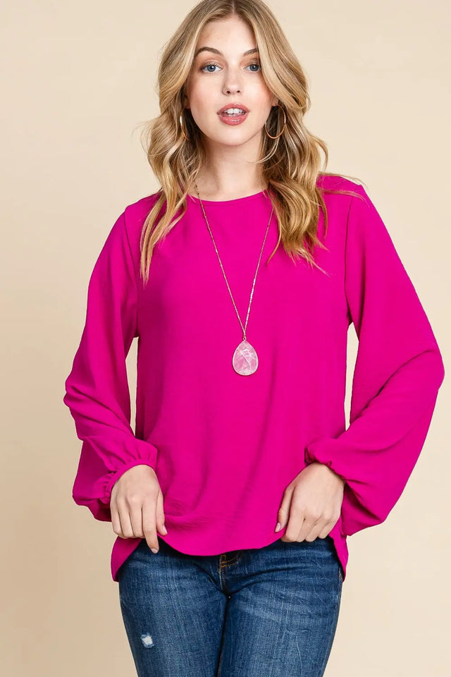 BOMBOM Textured Balloon Sleeve Top Trendsi Hanalas