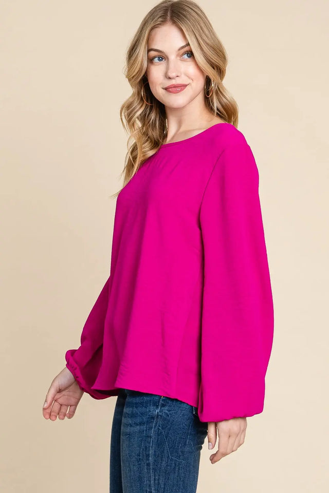 BOMBOM Textured Balloon Sleeve Top Trendsi Hanalas